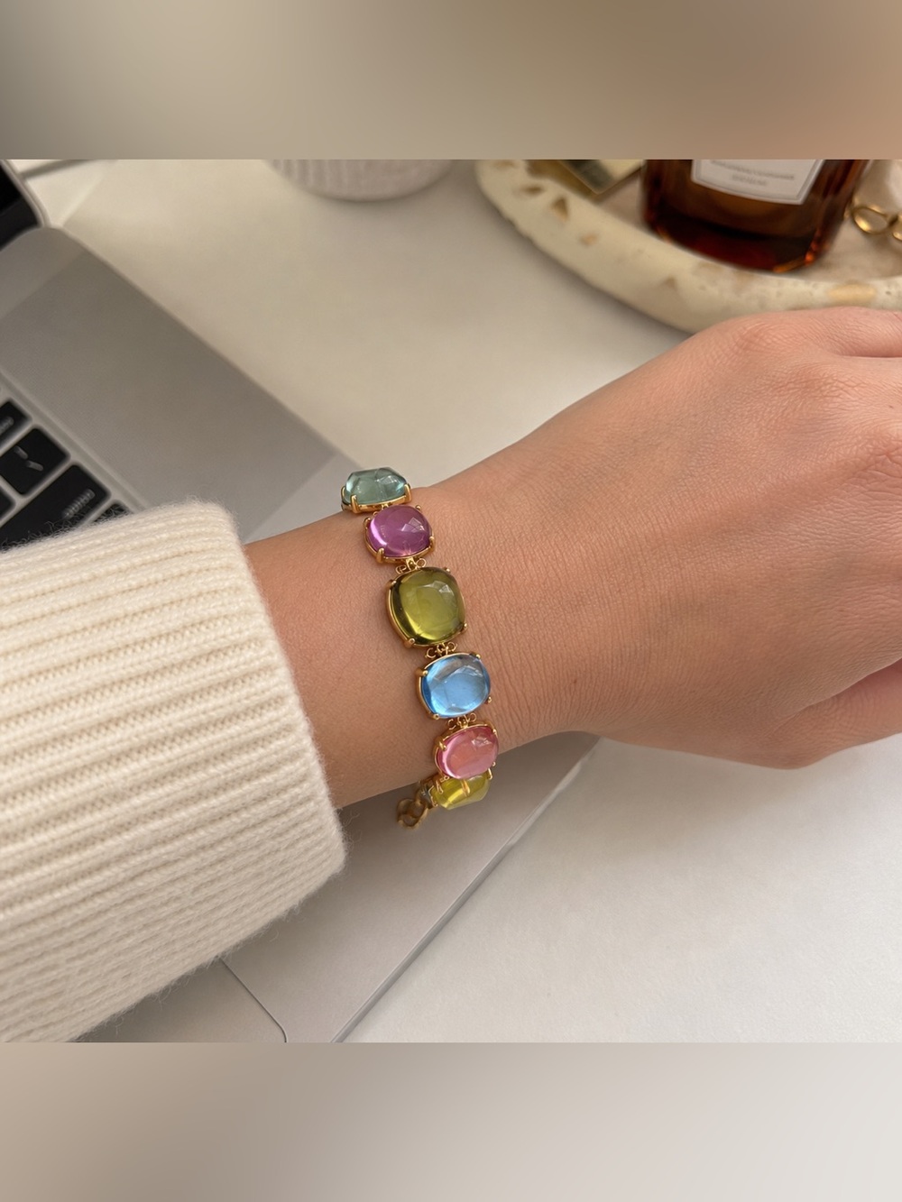 Rainbow Resin Bracelet | Gold Plated Stainless Steel |Colorful Statement Jewelry - Picture 4 of 4